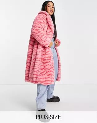 Girlfriend Material Curve maxi coat in pink tiger faux fur | ASOS (Global)