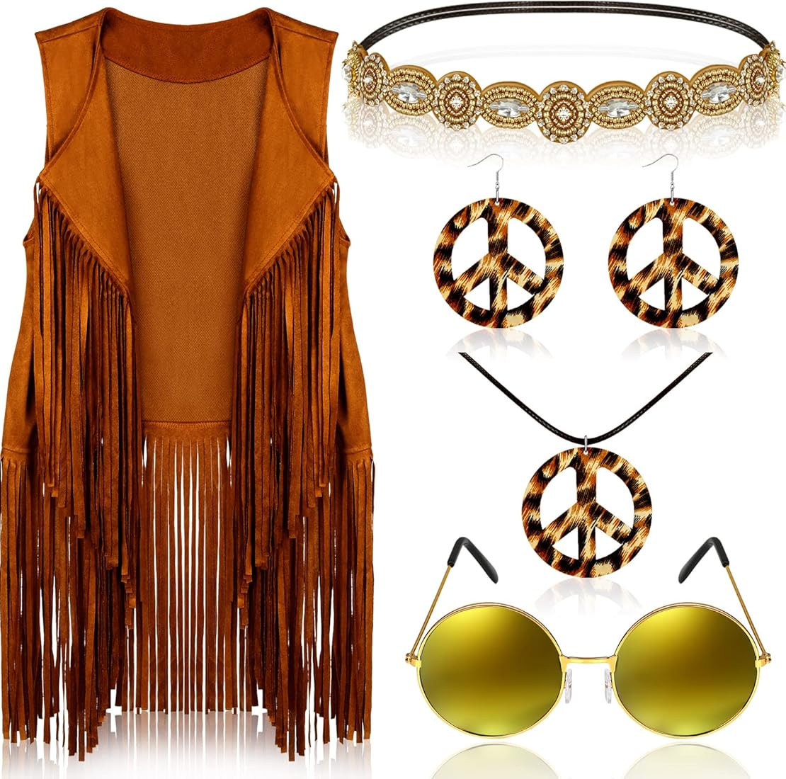 6 Pcs 60s 70s Hippie Costume for Women Peace Sign Earring Necklace Headband Fringe Vest Tassel Cardi | Amazon (US)