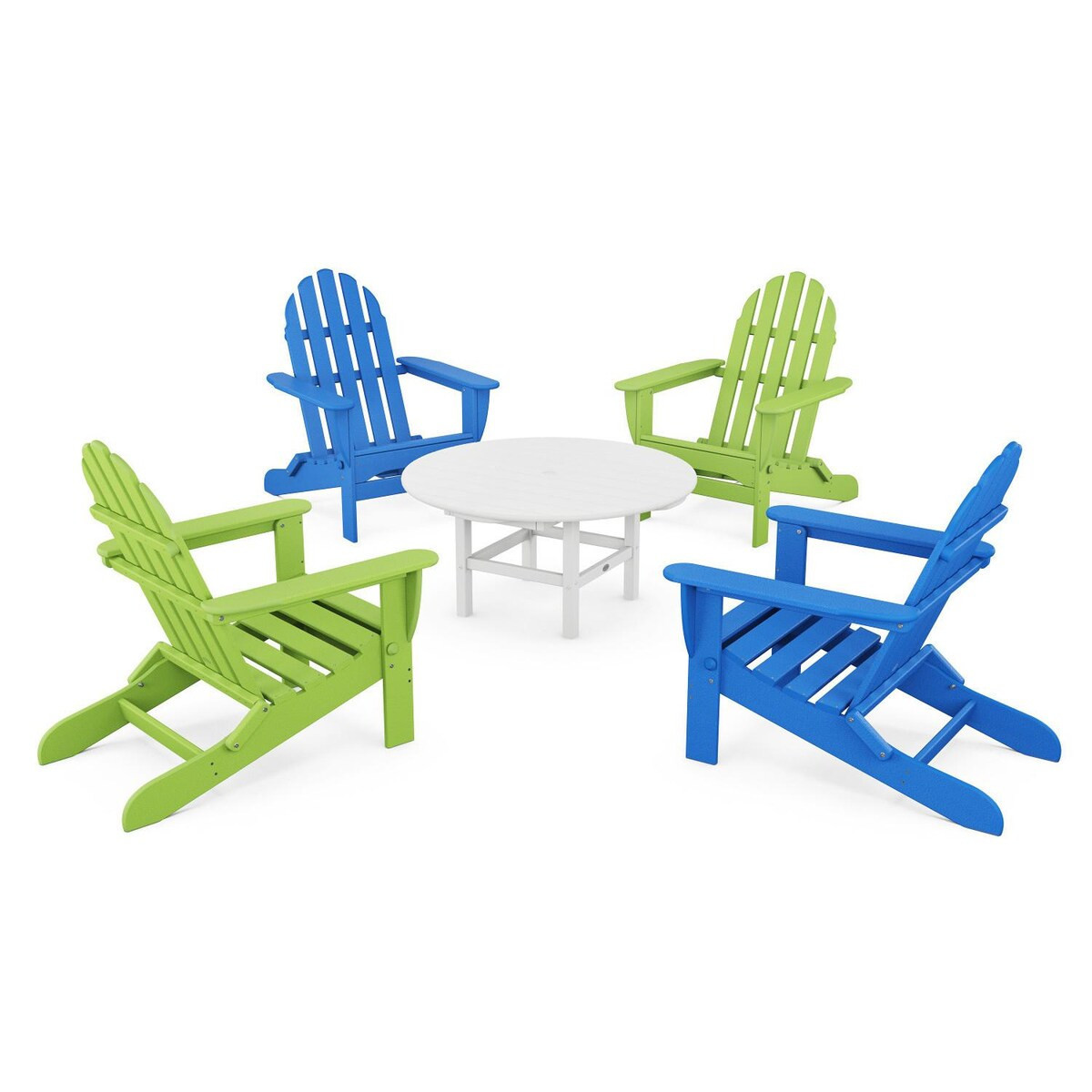 POLYWOOD Classic Adirondack 5 Pc Recycled Plastic Seating Set in Pacific Blue/Lime by - PWS119-1-PBLI | BBQ Guys