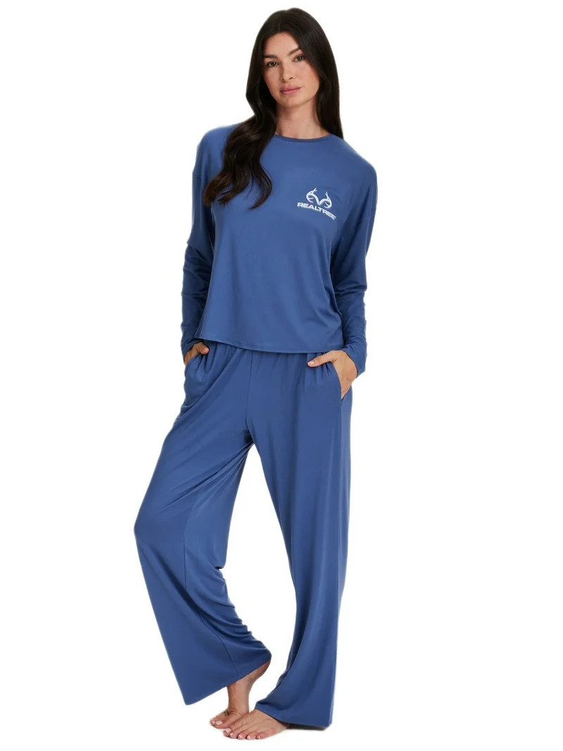 REALTREE Women's & Women's Plus Long Sleeve Comfy Wide Leg Pant Pant Pajama Lounge Sleep Set, 2-P... | Walmart (US)