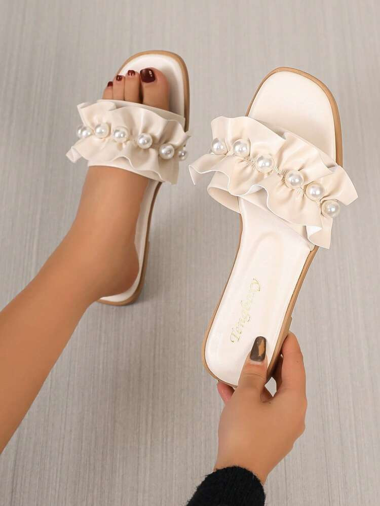 Women Faux Pearl Decor Ruffle Trim Slide Sandals, Fashion Summer Flat Sandals | SHEIN