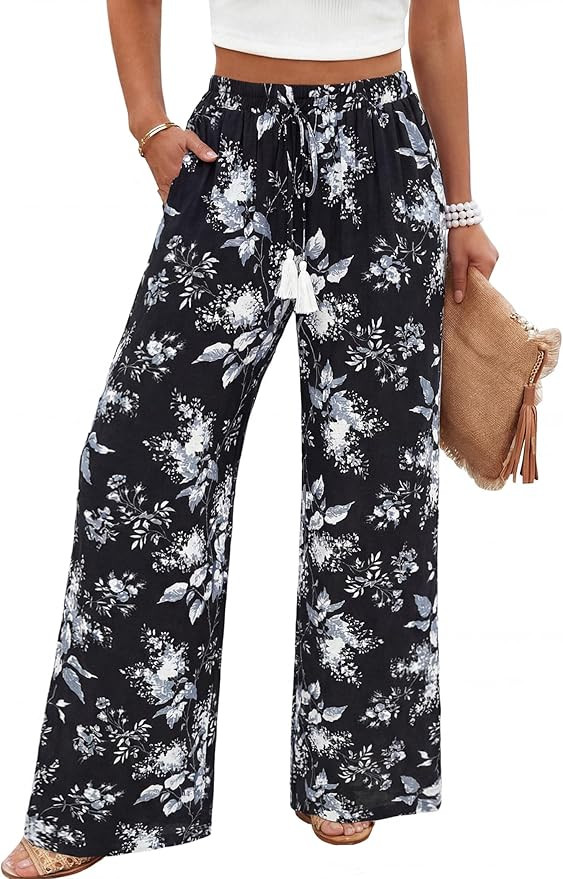 Women's Wide Leg Pants High Waisted Drawstring Loose Palazzo Pant Trendy Casual Flowy Beach Trous... | Amazon (US)