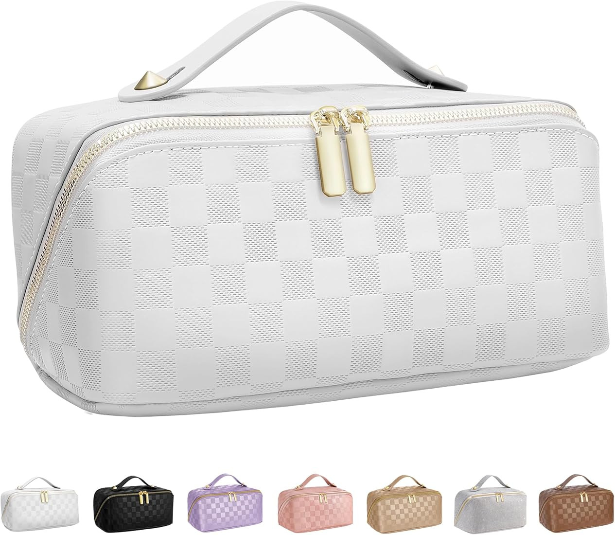 Large Capacity Travel Cosmetic Bag - Portable Makeup Bags for Women Waterproof PU Leather Checker... | Amazon (US)