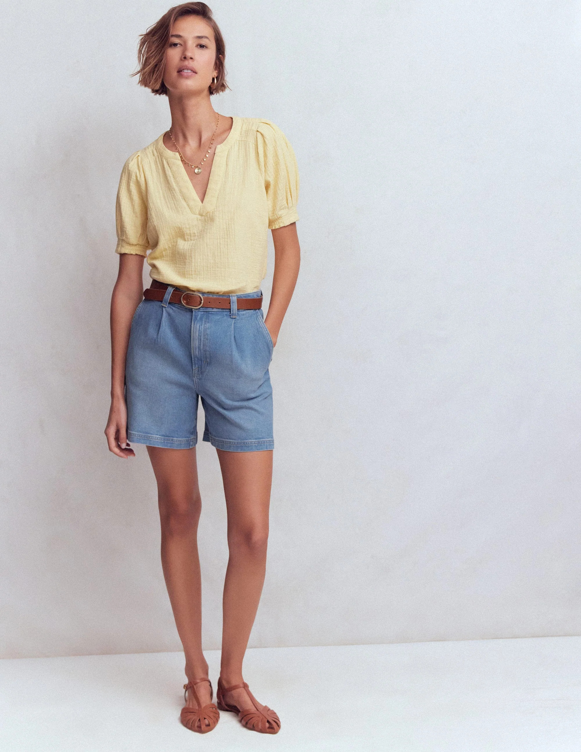 Pleat Front Denim Shorts-Light Vintage | Boden UK