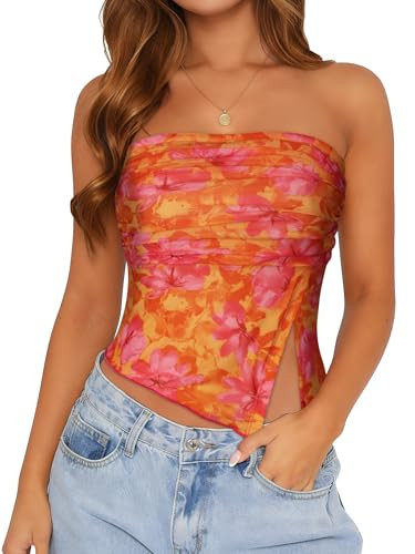 Tube Top Strapless Mesh Floral Crop Tops Asymmetrical Hem Ruched Bandeau Going Out Summer Sleeveless Shirts(Orange Pink Floral Print,S) | Amazon (US)