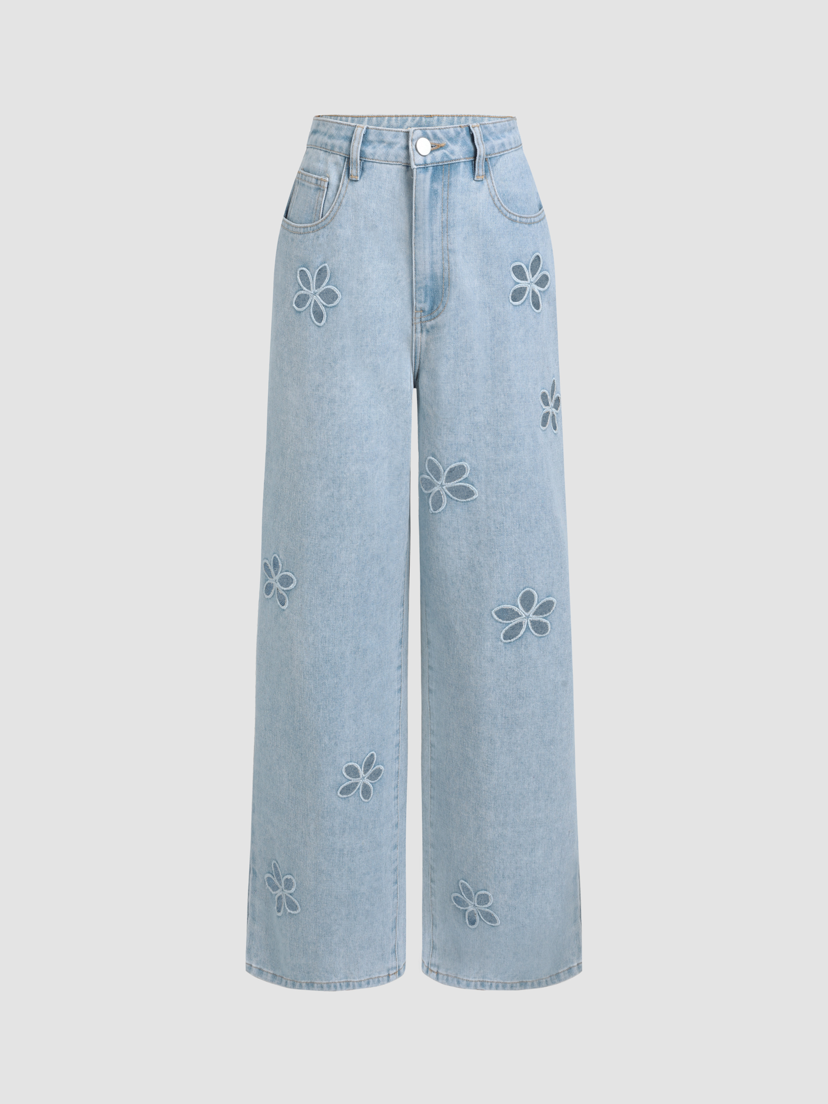 Denim Denim Mid Waist Floral Pocket Wide Leg Jeans For School Daily Casual Picnic Coffee Shop | Cider