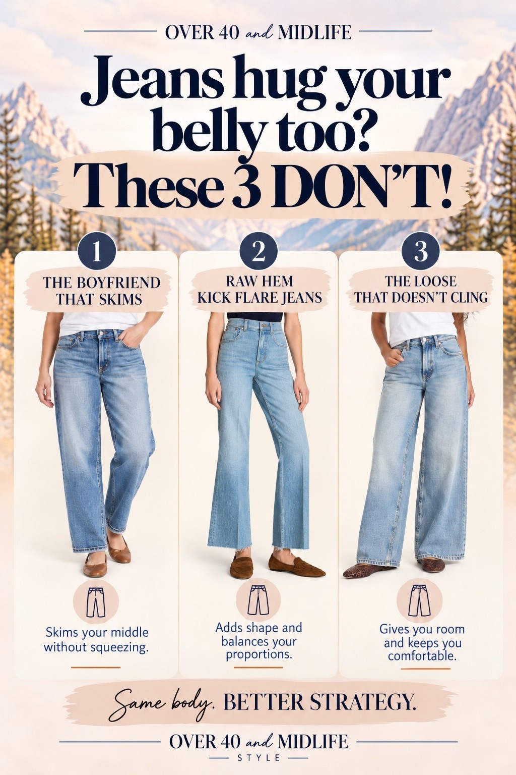✨Tap the bell, save and ❤️ start here over 40 fashion, midlife style, midsize fashion and luxury looks for less.  

Jeans hug your belly too? These 3 DON’T! 👖

If your belly is the hardest part to dress after 40, these are the 3 jeans I’d buy FIRST!

Because we want jeans that flatter our curves, NOT squeeze our middles.

👖 1. BOYFRIEND JEANS: Relaxed through the belly and hips. They SKIM instead of squeeze.

👖 2. RAW HEM KICK FLARE: The subtle flare creates BALANCE, while the cropped length shows a little ankle and elongates your look.

👖 3. LOOSE JEANS: Room through the belly, hips, and thighs without clinging. Comfortable AND current.

Here’s what I’ve learned about dressing a changing midlife body…

It’s not about hiding our bellies. It’s about knowing how to dress them.

That’s Outfit Physics™ — LIFT • SKIM • BALANCE.

Same body. BETTER STRATEGY. 🤍

💬 Comment JEANS and I’ll send you all 3!

SAVE this for your next denim shopping trip, and SHARE it with a friend who’s tired of squeezing into jeans!

👑 Helping you look good, feel good.
— Lindsey Denver

#Over40Fashion #MidlifeStyle #MidsizeFashion #Over50Style #BellyFriendlyFashion #JeansForWomen #GenXStyle