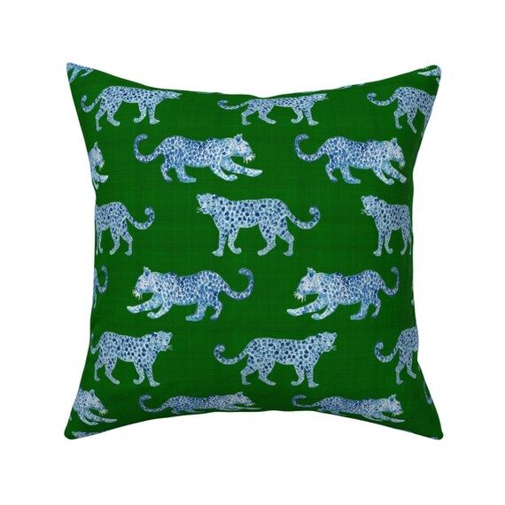 Leopard On Green Throw Pillow  Leopard Parade Blue On Green | Etsy | Etsy (US)
