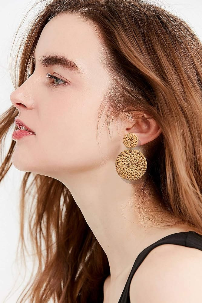 Rattan Earrings for Women Handmade Lightweight Wicker Straw Stud Earrings Statement Weaving Braid... | Amazon (US)