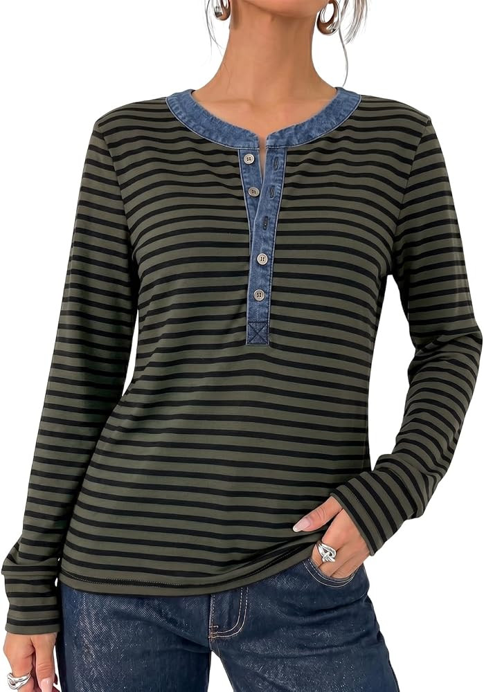 Dokotoo Long Sleeve Shirts for Women Denim Striped Shirt Fall Outfits Tops     Henley Shirts for ... | Amazon (US)
