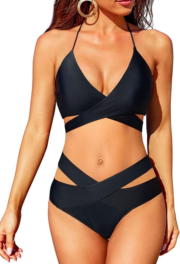 Holipick Two Piece Bikini Swimsuit for Women High Waisted Criss Cross Halter Wrap Bathing Suits with | Amazon (US)