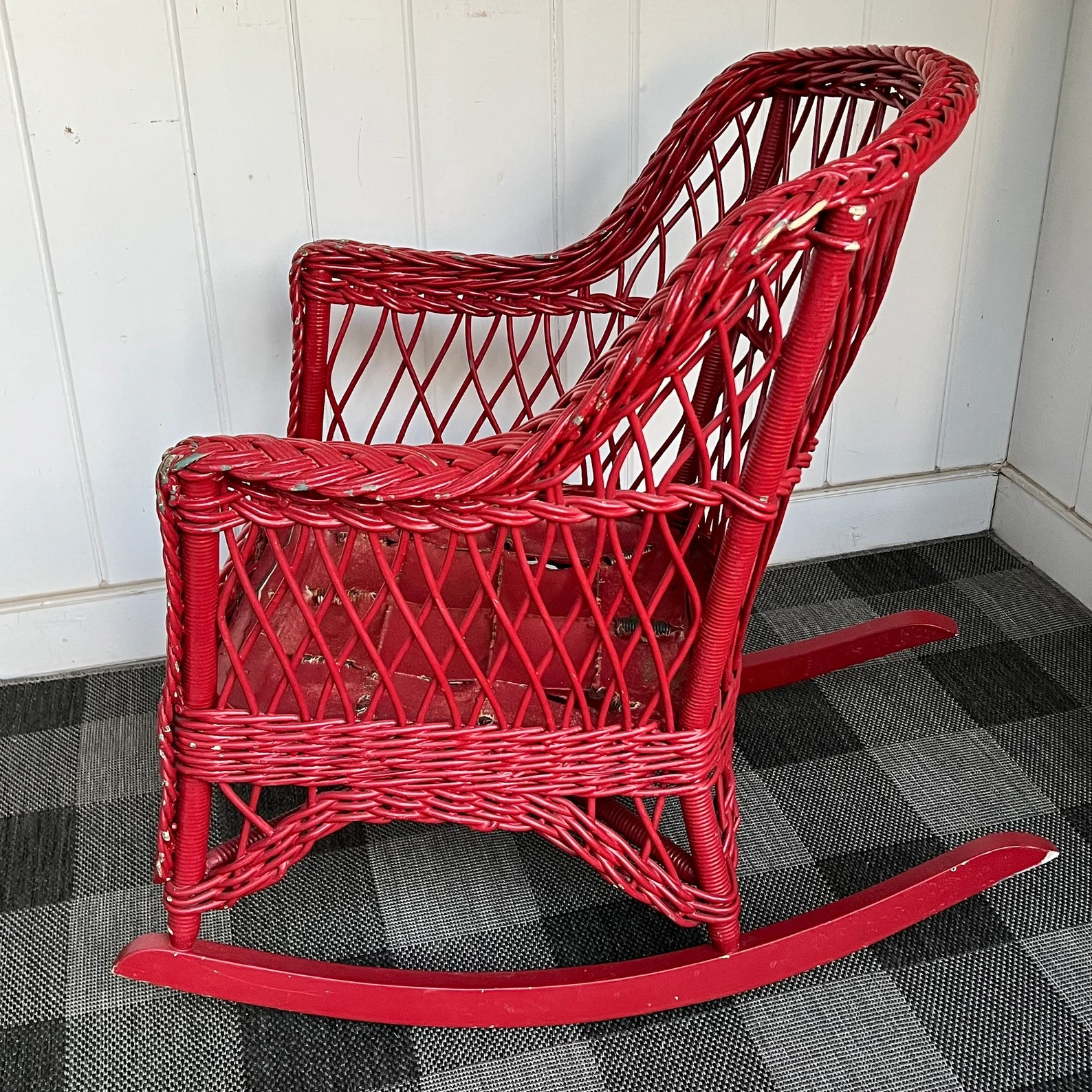 Petite Antique Red Wicker Rocker With Latice Work and Old Spring Seat With 2 Black and White Flor... | Etsy (US)