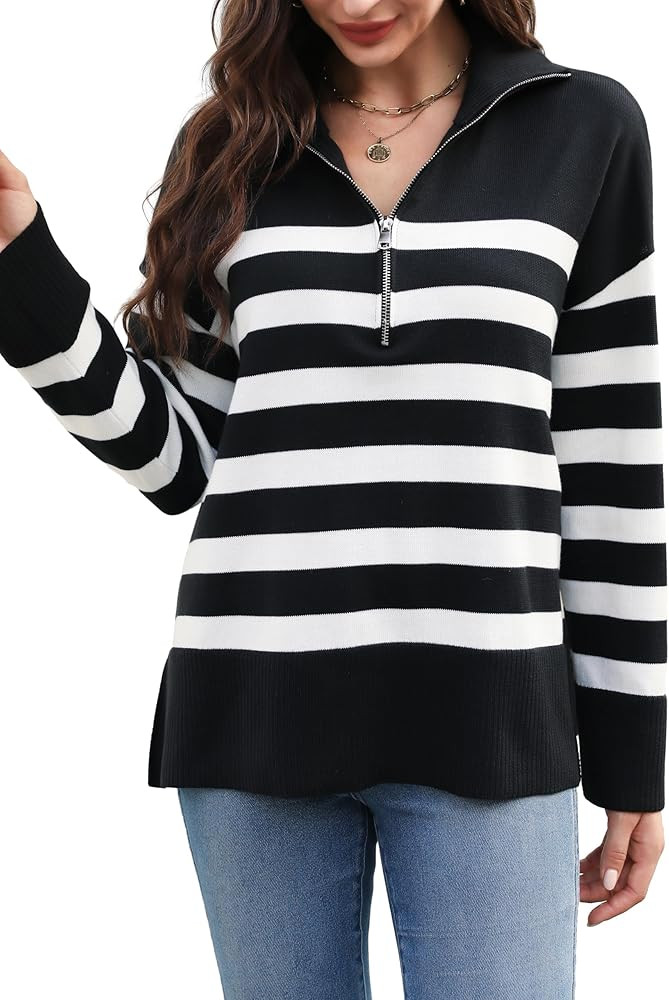 BMJL Womens Quarter Zip Striped Sweater Oversized Drop Shouder Long Sleeve Side Slit Casual Pullo... | Amazon (US)