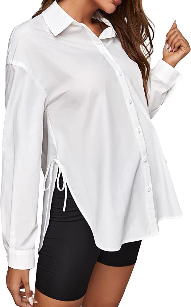 MakeMeChic Women's Maternity Button Down Blouse Long Sleeve Knot Side Split Button Up Shirt | Amazon (US)