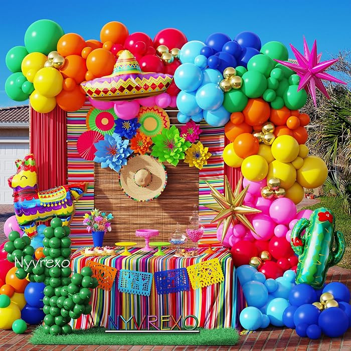 Mexican Fiesta Party Decorations, 144Pcs Cinco De Mayo Rainbow Balloons Arch Garland Kit Cactus L... | Amazon (US)