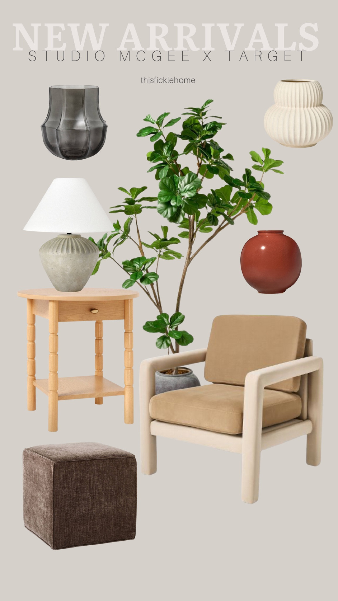 New Studio McGee collection at Target.

Turned wood accent table. Upholstered accent chair. Ceramic table lamp. Grey glass vase. Ceramic fluted vase. Red ceramic vase. 

#LTKHome