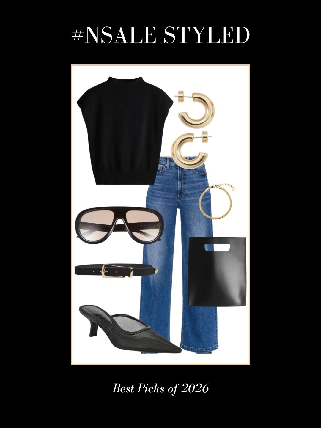 #NSALE Styled! Wide legs jeans, a black top and the perfect accessories make the perfect pulled together look 

 