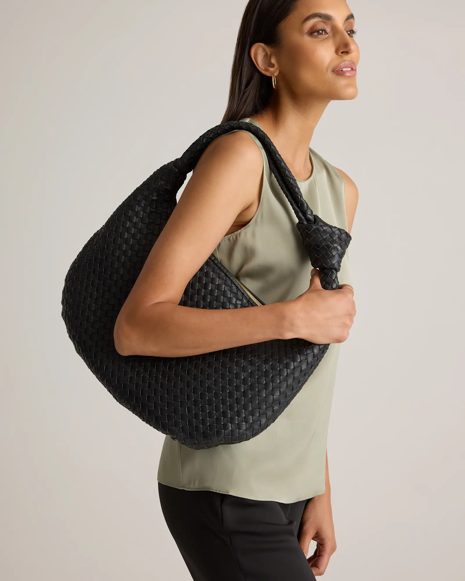 Italian Leather Handwoven Slouchy Shoulder Bag in Black | Quince