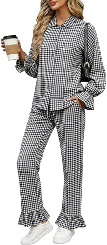 Tanming Women's 2 Piece Set Outfits Gingham Plaid Long Sleeve Plaid Button Down Shirt Wide Leg Pa... | Amazon (US)