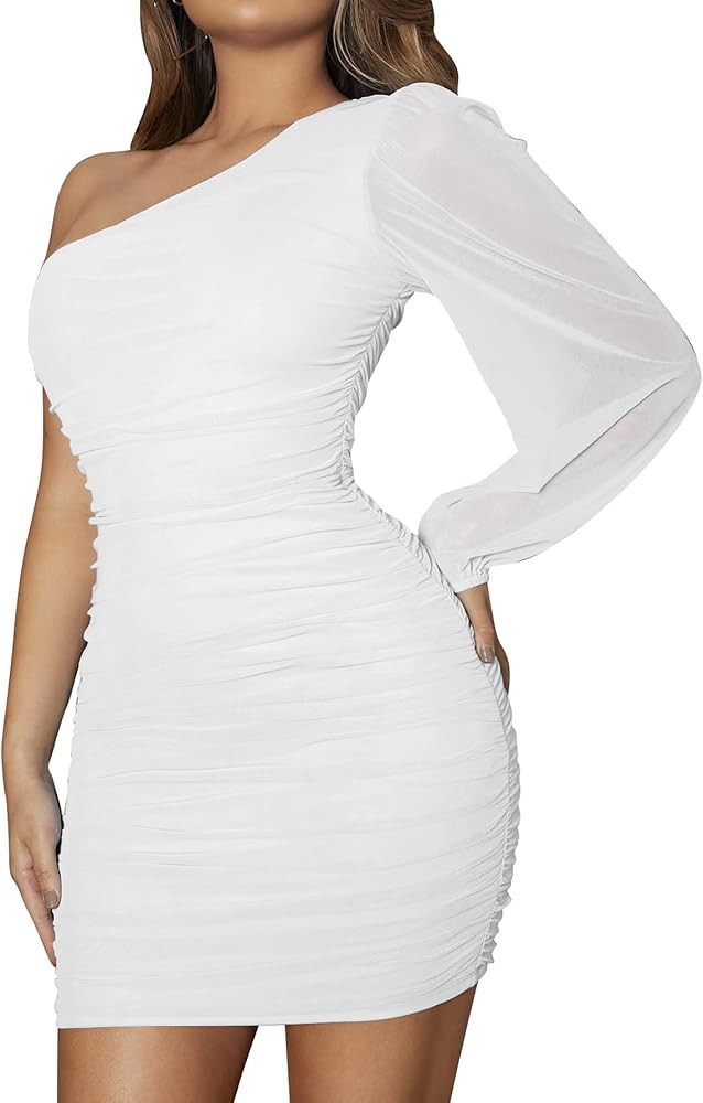 Verdusa Women's One Shoulder Bishop Sleeve Ruched Mesh Short Bodycon Dress | Amazon (US)