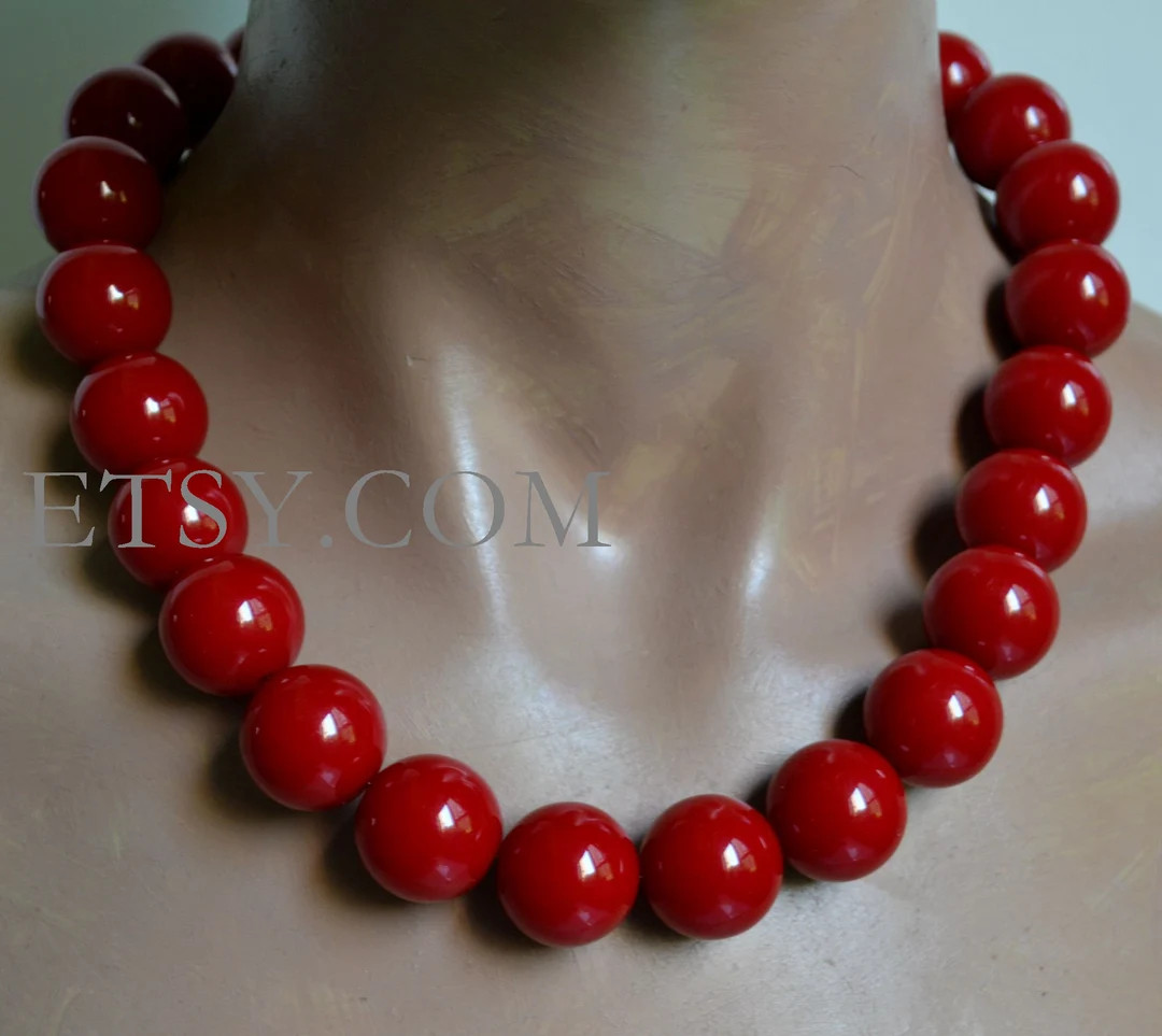 Coral Red Beaded Necklace, 20 Mm Dark Red Beads Necklace, High Quantity Resin Bead, Statement Nec... | Etsy (US)