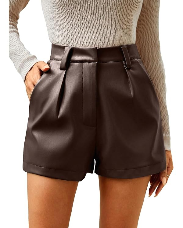 Milumia Women's PU Leather High Waisted Pleated Wide Leg Dressy Shorts with Pocket | Amazon (US)