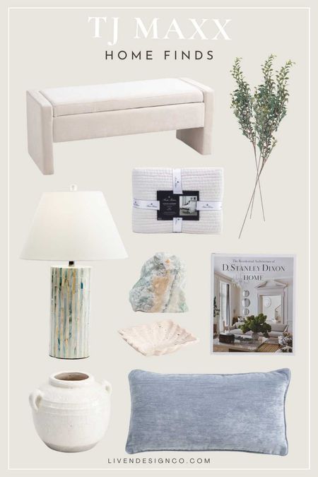 TJ Maxx home decor. Upholstered storage bench.  End of bed bench. accent bench. entryway. living room. capiz table lamp. Decorative rock. Decorative coffee table book. coffee table decor. faux greenery stems. Floral stems. Bedding. Quilt. Decorative dish. Travertine. Blue lumbar pillow. 

#LTKSeasonal #LTKhome #LTKfindsunder100