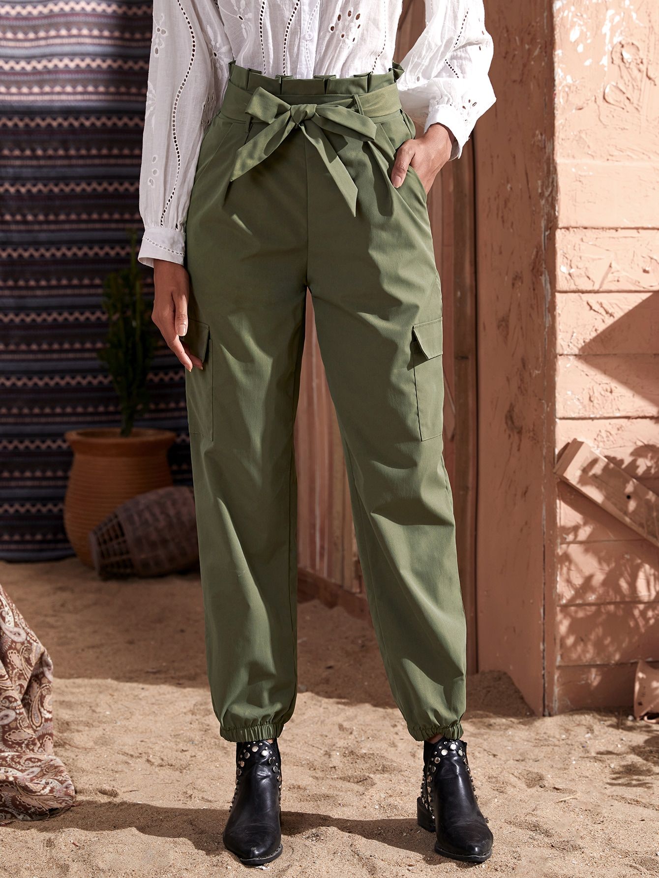 Flap Pocket Paperbag Waist Belted Cargo Pants | SHEIN