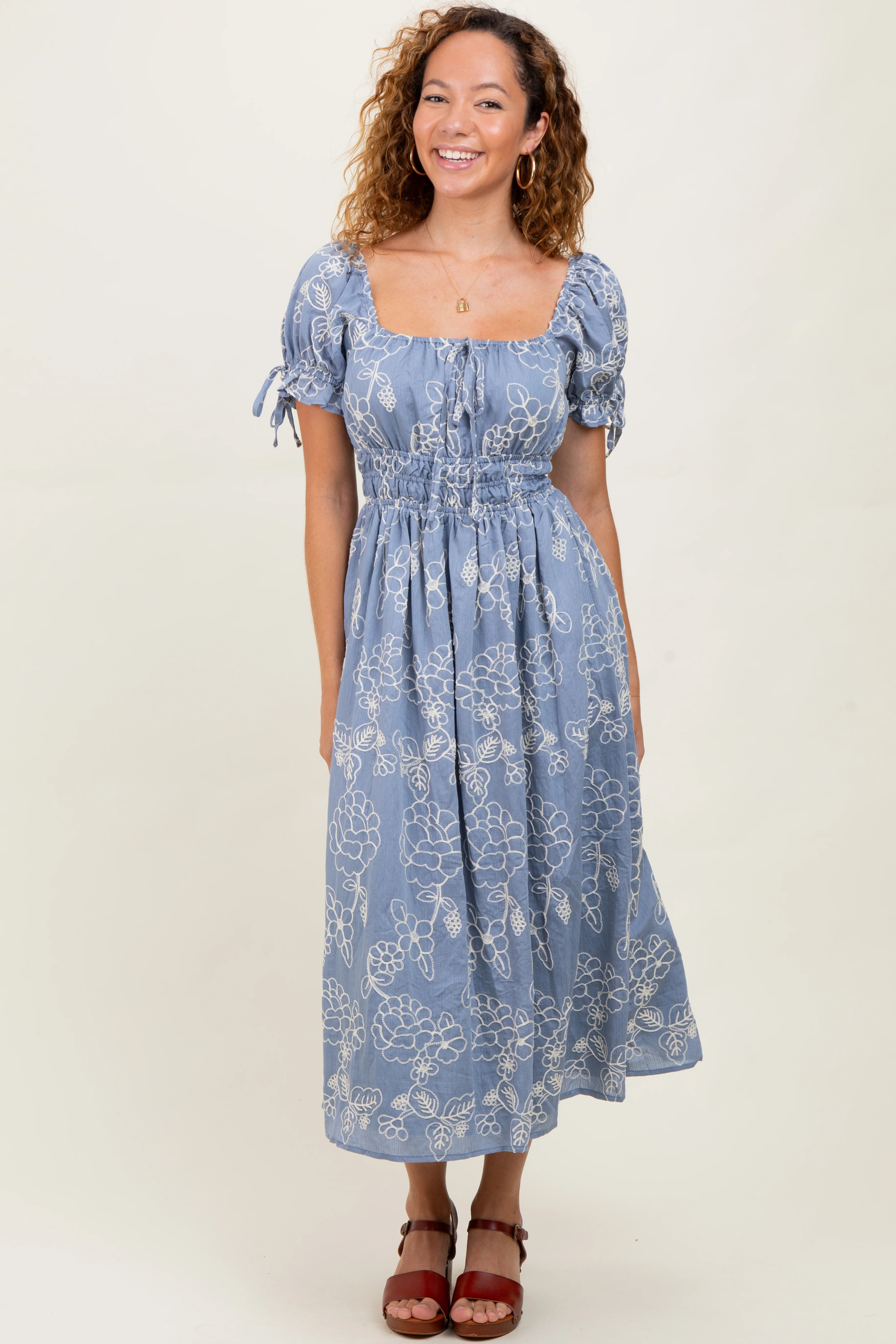 Denim Blue Floral Embroidered Midi Dress | PinkBlush Maternity