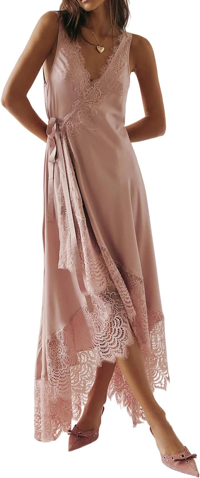 Womens Slip Lace Long Maxi Wrap Dress Y2k Aesthetic Summer Flowy Swing Going Out Boho Ruffle Hem ... | Amazon (US)