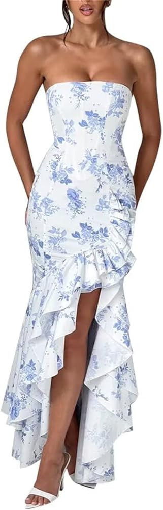 Strapless Prom Dress for Womens Ruffles Satin Wedding Party Maxi Dress Bodycon Cocktail Gowns wit... | Amazon (US)