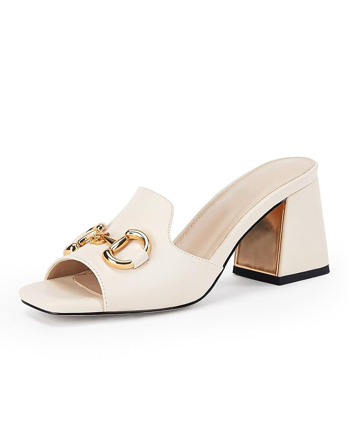 gihubafuil Women's Sandals Peep Toe Slides Chunky Heel Mules Single Band Comfort Slip-on Shoes wi... | Amazon (US)