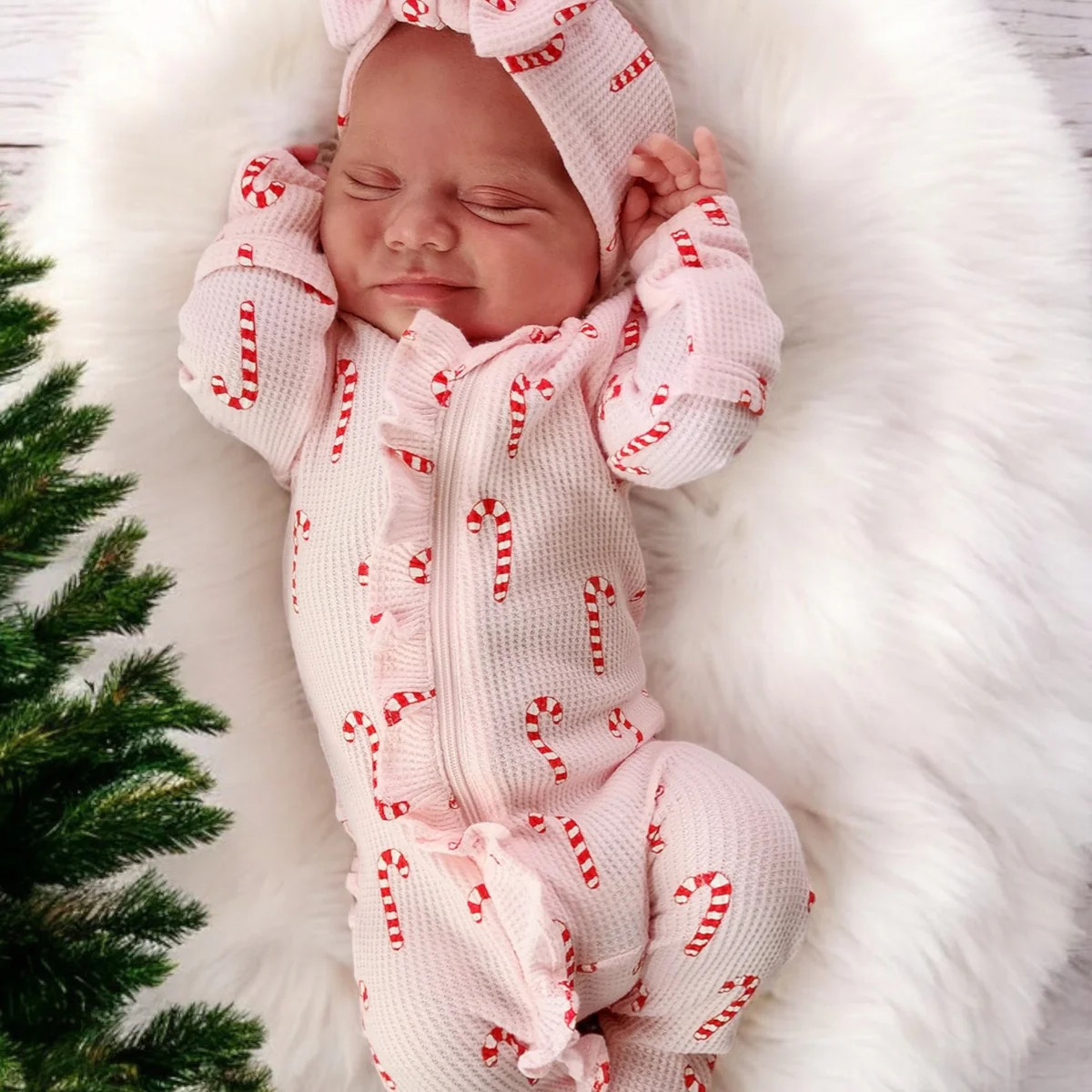 Organic Waffle Ruffle Zip Footie, Pink Candy Cane | SpearmintLOVE