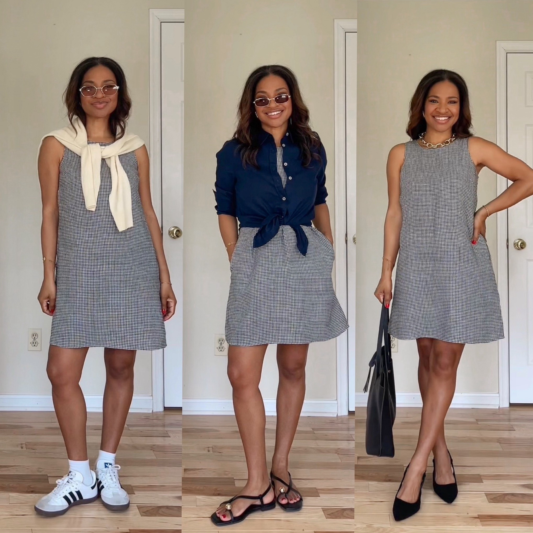 Three easy ways to style this gorgeous gingham print linen dress from Quince! Made from 100% 
European linen, it’s lined and the perfect length to wear to the office. I am wearing a size XS, so 
I sized down one from my normal size. I am wearing a size small in the Mongolian Cashmere 
sweater which is lightweight and perfect for Spring. And my navy linen button down is a size 
small. @Quince #quincepartner

#LTKOver40 #LTKWorkwear