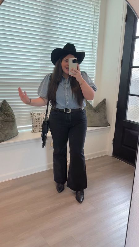 Rodeo outfit. Western outfit. Country concert outfit. Denim shirt. Flare jeans. Western belt. Western booties. Fringe purse. Western purse

Hat is from Stetson

#LTKfindsunder50 #LTKSeasonal #LTKfindsunder100