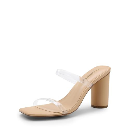 DREAM PAIRS Women's Square Open Toe Block Heels Two Strap Slip On High Heeled Slides Sandals,Size 11,Clear | Amazon (US)