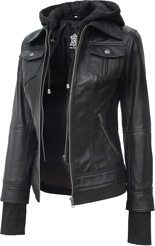 Blingsoul Hooded Leather Jacket Women - Real Lambskin Womens Leather Jackets with Detachable Hood | Amazon (US)