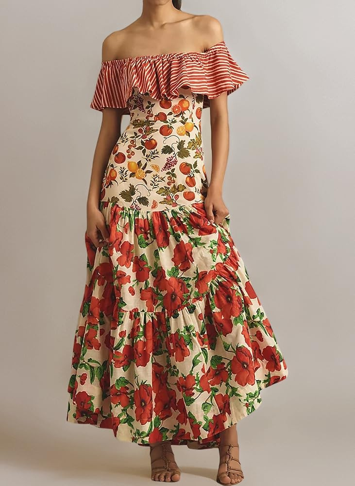 SANSIWU Bohemian Beach Dress for Women Off Shoulder Floral Print Ruffle A Line Flowy Beach Vacati... | Amazon (UK)