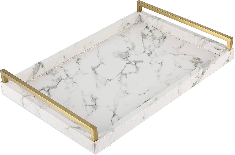 WV 17.8 * 11.8" White PU Leather Marble Finish Decorative Tray Serving Tray Coffee Table Tray wit... | Amazon (US)