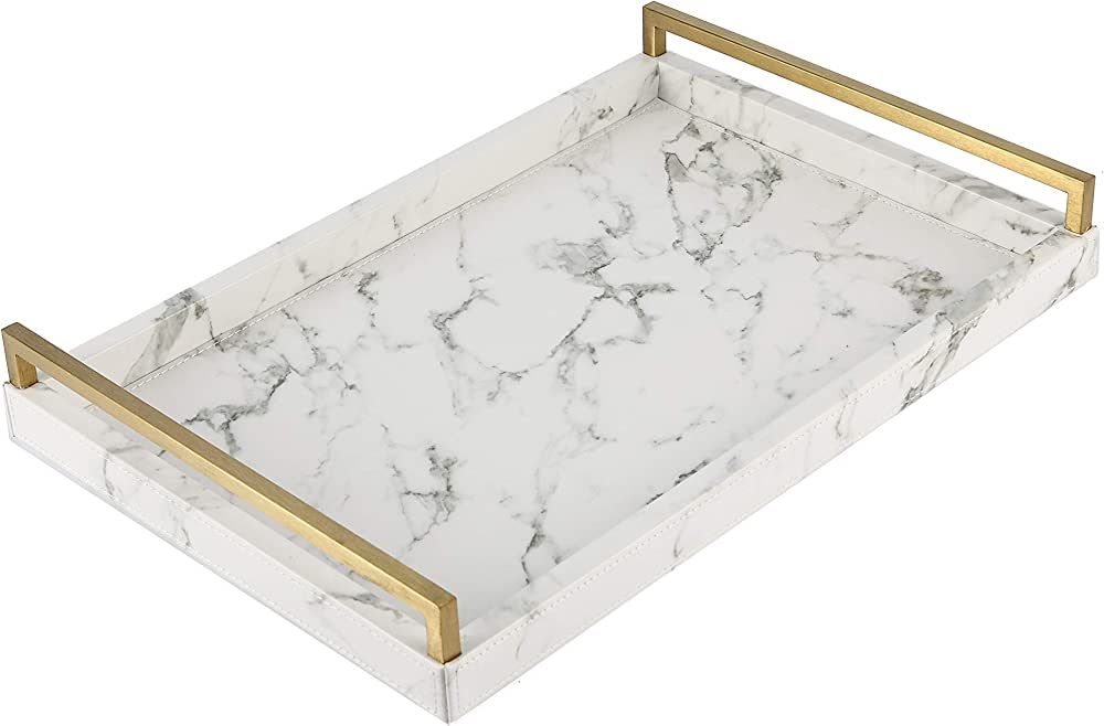 WV Coffee Table Serving Tray Faux Leather White Marble Finish with Brushed Gold Stainless Steel H... | Amazon (US)