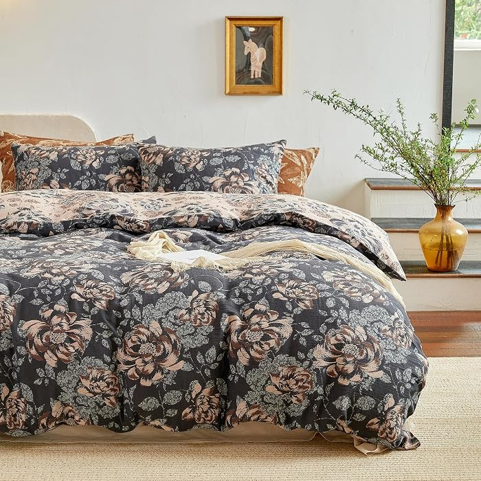 BISELINA 100% Cotton Muslin Duvet Cover Set King, 3 Pcs Yarn-Dyed Jacquard Textured Garden Flower... | Amazon (US)