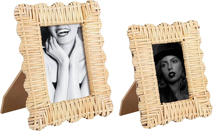 2 Pack Woven Rattan Picture Frame Set,4x6 & 5x7 Scalloped Picture Frame with Stand,Exquisite Hand... | Amazon (US)