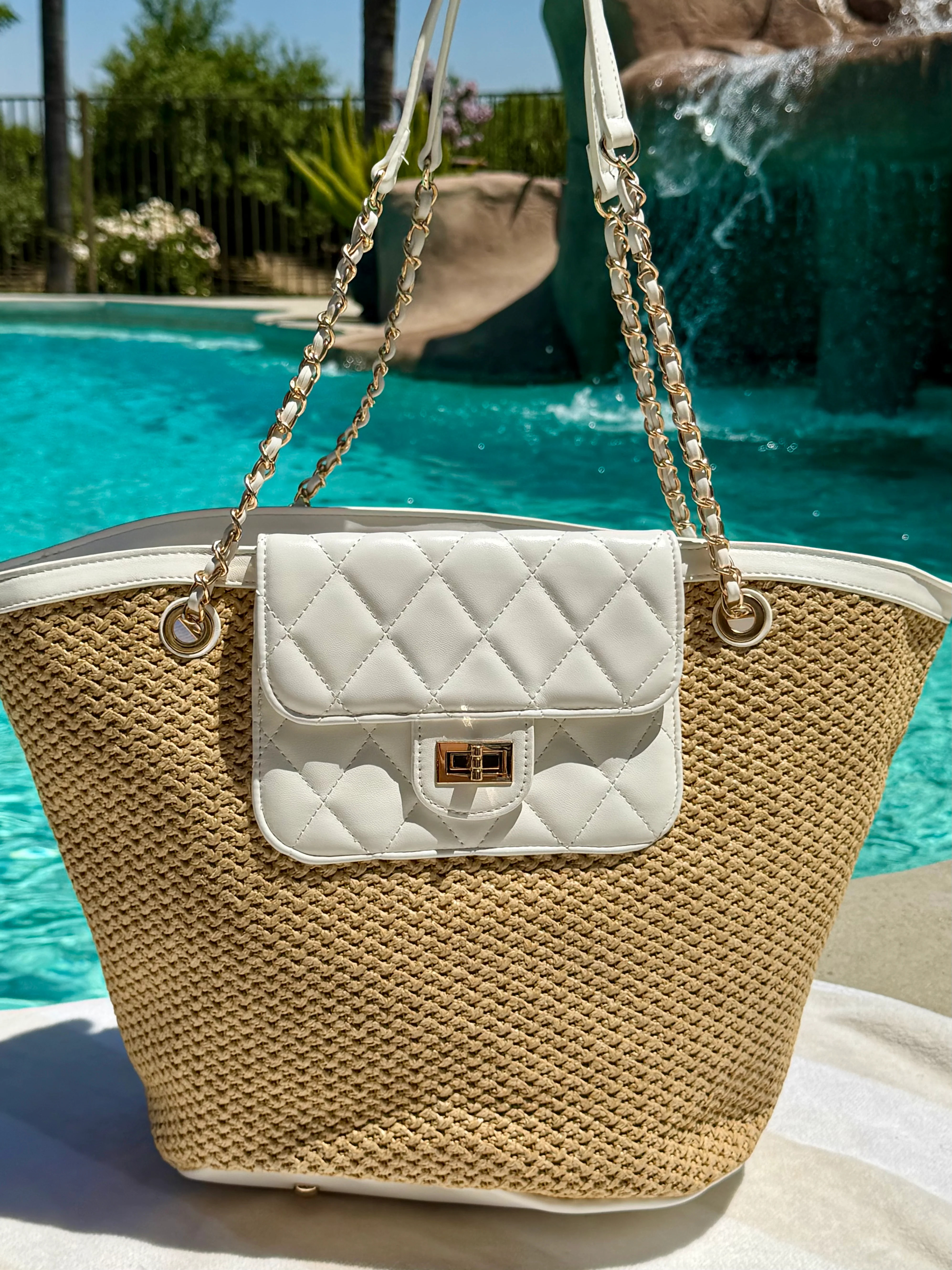 "Portofino" Straw Tote in White | Glitzy Bella