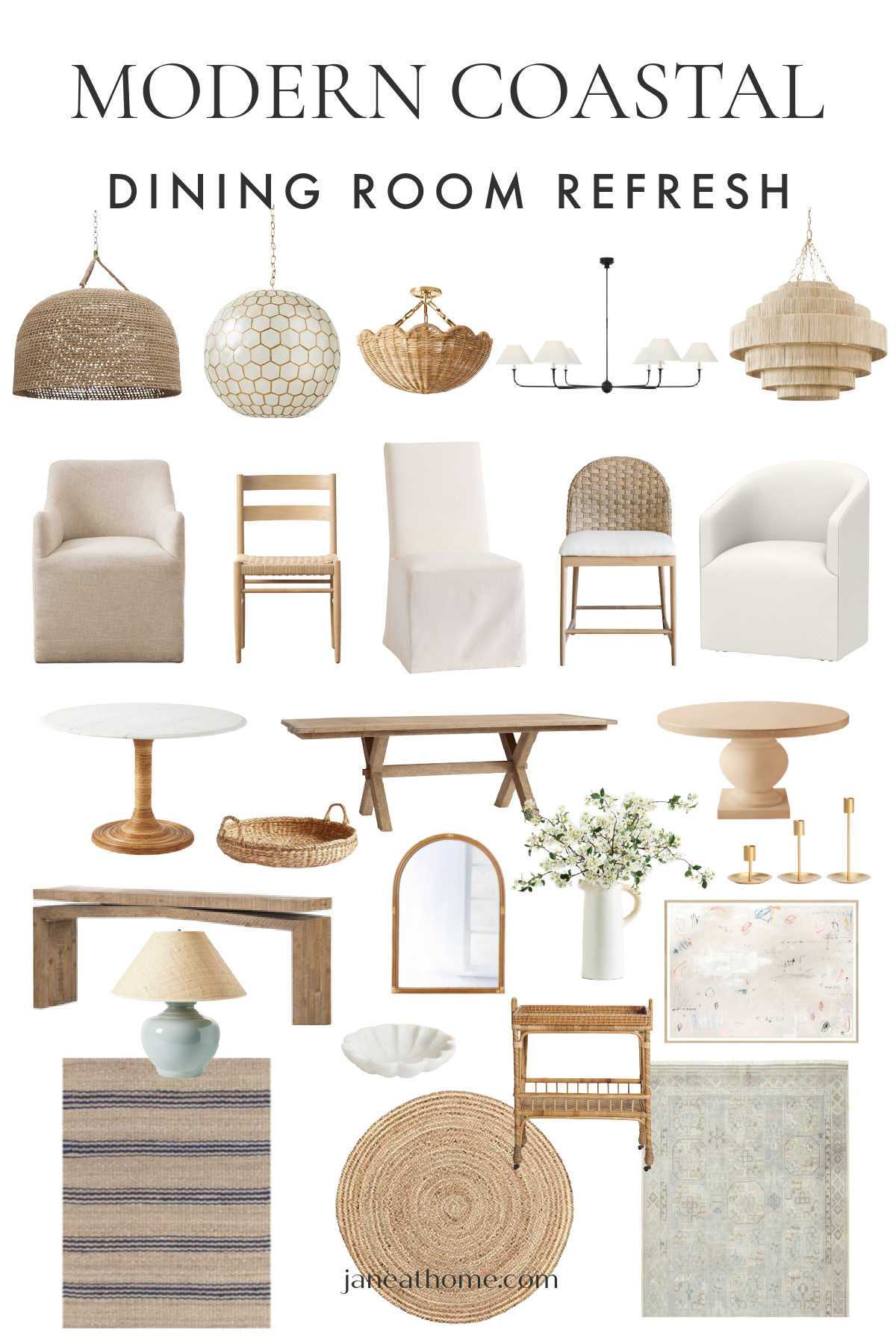 Dining room refresh ideas, including dining tables, dining chairs, dining room lighting and chandelier ideas, area rugs, console tables, mirror, artwork, dining table decor, lamp, and home decor accents — all in neutral tones for a serene modern coastal vibe, perfect for spring and summer #Spring Decor #NancyMeyers #EntrywayIdeas #MoodBoard #HomeDecor #NeutralHome #BeachHouseStyle #CoastalDecor #californiacasual #HamptonsStyle 
 

 #LTKSeasonal #LTKHome #LTKSaleAlert