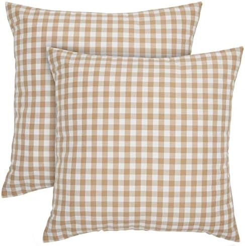 Set of 2 Plaid Throw Pillow Covers 20x20 in, Light Brown and White Buffalo Farmhouse Decorative Cush | Amazon (US)
