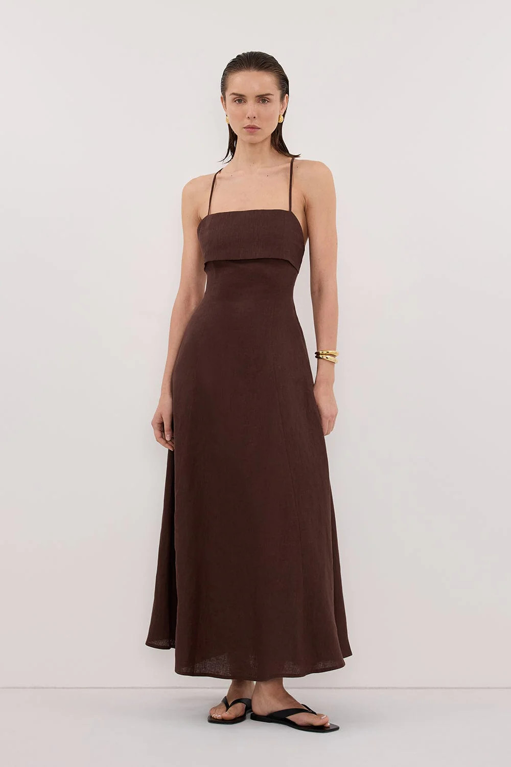 DANIELLA COCOA LINEN TIE BACK MIDI DRESS | DISSH
