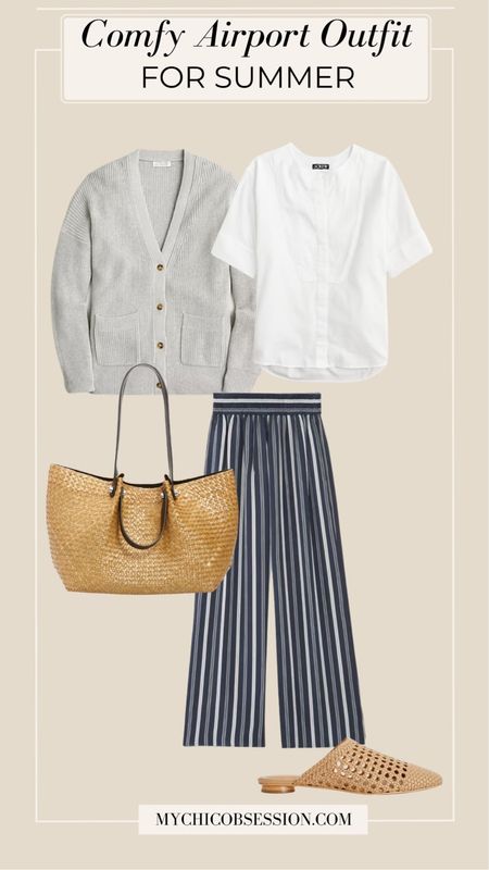On top, this lightweight button-up shirt keeps your look classy and cool throughout your flight. Next, trade in your winter leather jacket for this beautiful cotton-blend cardigan. Satin pull-on pants, a straw tote and mules complete this comfortable but chic travel outfit.

#LTKtravel #LTKSeasonal #LTKstyletip