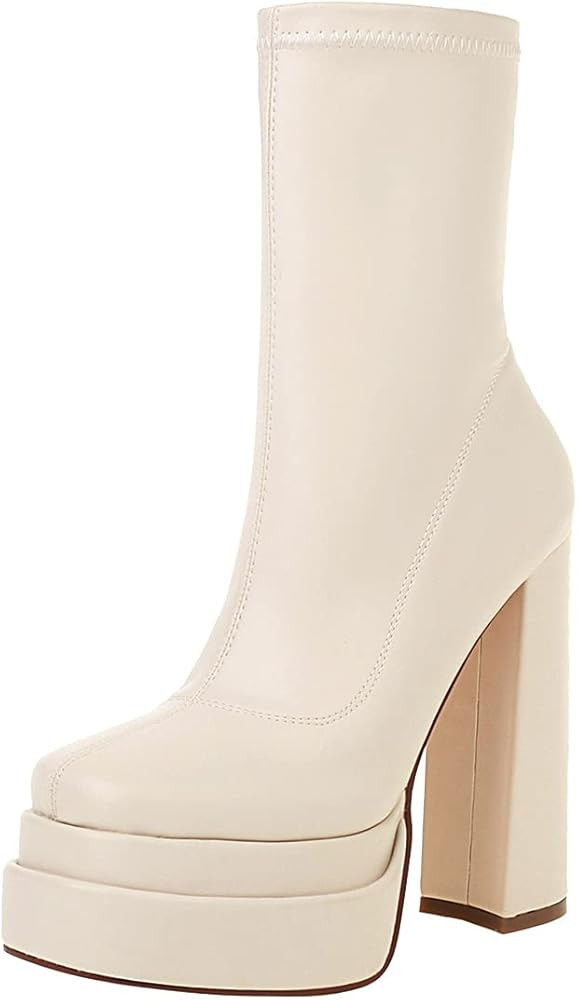 vivianly Platform Mid Calf Boots Square Toe Chunky Heel Ankle Booties Side Zipper Chelsea Style S... | Amazon (US)