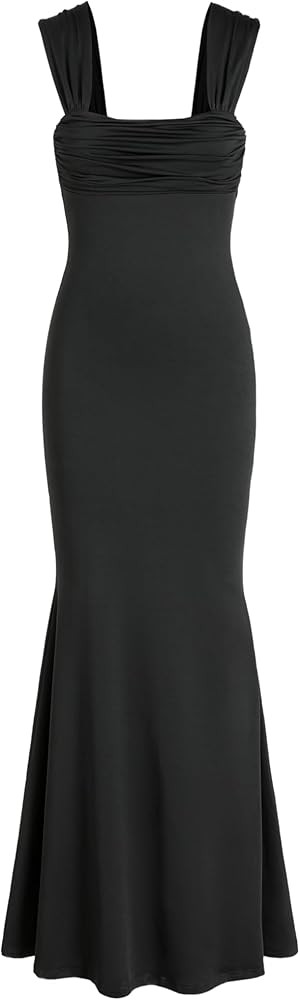 CIDER Solid Ruched U-Neckline Ruffle Maxi Dress | Amazon (US)