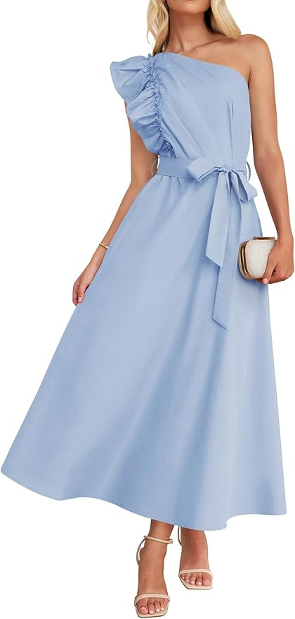 ZESICA Womens 2026 Summer One Shoulder Ruffle Maxi Dress Boho Sleeveless Empire Waist Tie Flowy B... | Amazon (US)
